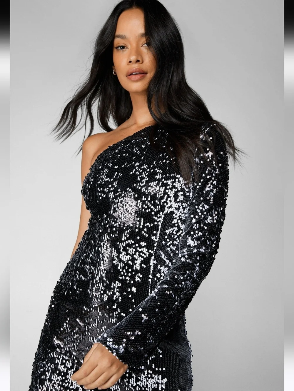 NWT Nasty Gal One Shoulder Sequin Maxi Dress size 4 Charcoal SEXY Ai-1898 - Picture 2 of 11